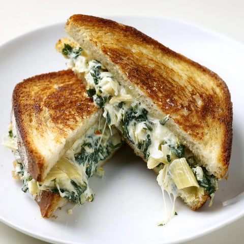Golden, air fryer spinach & artichoke dip grilled cheese with melted cheese oozing out, perfect for lunch.