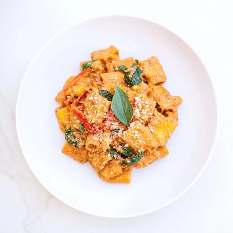 Vibrantly colored Lightened-Up Vodka Rosé Christmas Pasta, topped with fresh basil and Parmesan cheese ready to serve.
