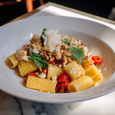 Creamy Baked Goat Cheese Snowflake Tomato Basil Pasta with blistered tomatoes, ready to serve.