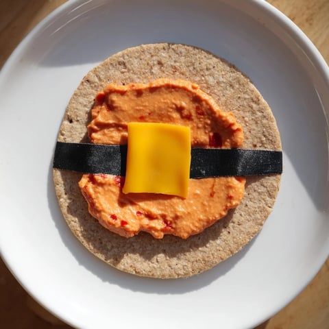 Savory Santa's Belt Crackers, topped with creamy red pepper dip and ready to serve at your holiday party.