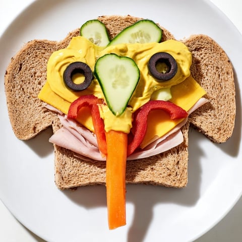 Playful Big Top Elephant Sandwiches, vividly crafted with olives and carrots, perfect for a kids' party platter.