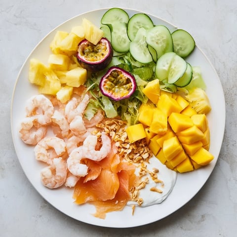 Tropical Wave Tasting Platter bursting with vibrant fruit, shrimp, and savory sauces, ready to share.