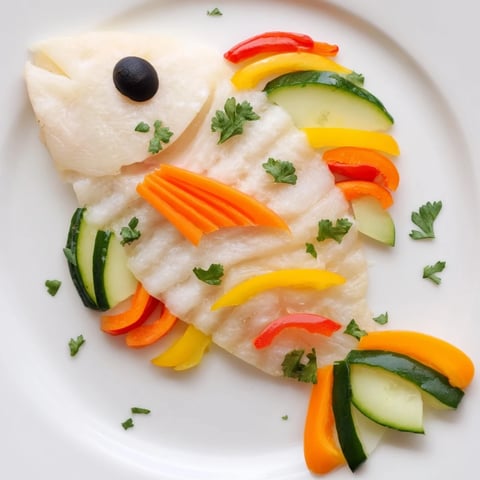 Light Fish-Shaped Meal, colorful baked fish shaped like a playful fish, with vibrant vegetable scales.
