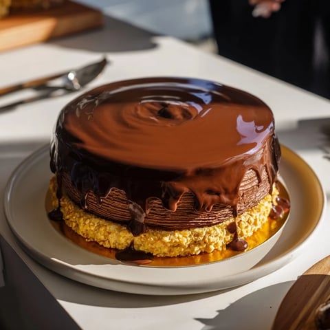 Elegant Plaisirs Sucrés Hibou de la Nuit entremets, rich and layered, waiting to be sliced and served.