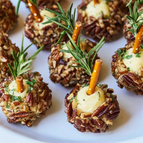 Savory acorn-shaped cheese ball bites, coated in pecans and herbs, ready for fall appetizers.