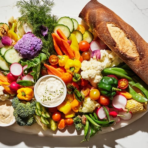 Vibrant cornucopia veggie board brimming with colorful fresh vegetables, a perfect holiday appetizer.