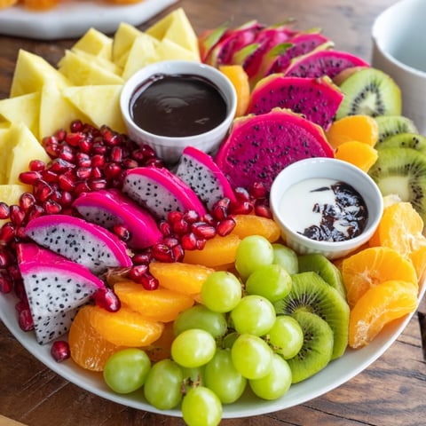 Vibrant dragon scales fruit and dip board bursting with colorful, fresh fruit slices ready to enjoy.