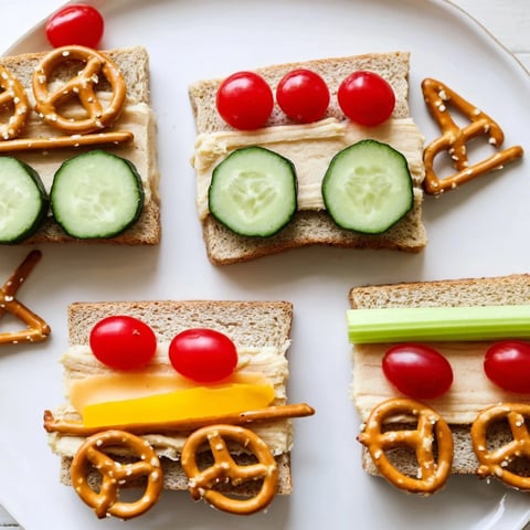 Train track sandwich board with colorful sandwiches, carrot sticks and cucumber wheels for a fun lunch.