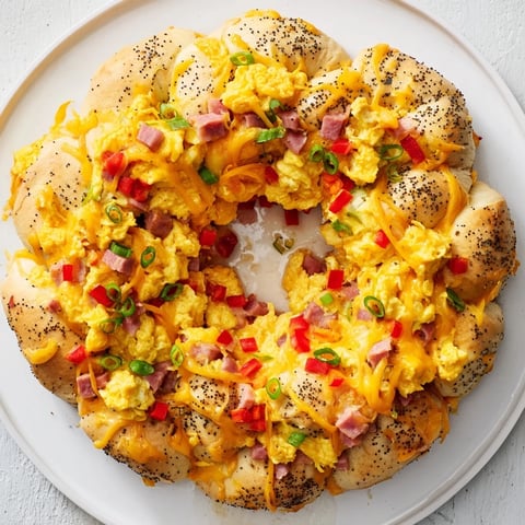 Wreath-Shaped Egg and Ham Bake, a golden-brown brunch dish filled with savory ham and cheese.