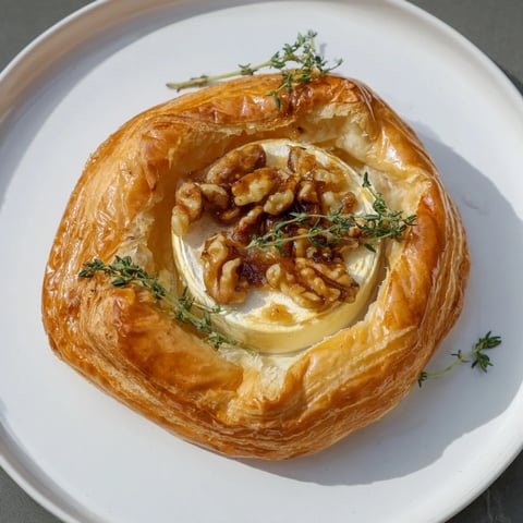 Golden, bubbly baked Brie with sweet fig jam swirl, ready to be enjoyed with crackers.
