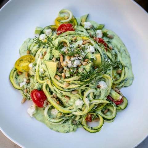 Vibrant Green Goddess Zoodle Pasta, with creamy sauce and fresh vegetables, ready to serve and enjoy.
