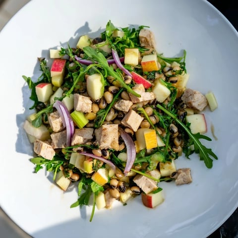 Chicken and Apple New Years Luck Salad, tossed in a tangy dressing, with crisp apples.