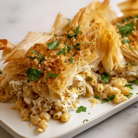 Golden-brown, crispy Chicken and Pasta Crinkle Cake, bubbling with creamy cheese and herbs, ready to serve.