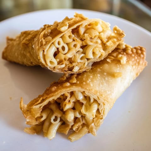 Golden, air-fried Tinis Mac and Cheese Lumpia Rolls, a crispy exterior revealing creamy mac inside.