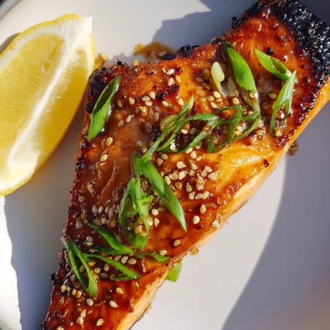 Seared ginger soy glazed salmon, glistening with a rich glaze, perfect for your dinner.