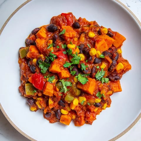 A steaming bowl of Smoky Sweet Potato Chili, filled with colorful vegetables and savory aromas.