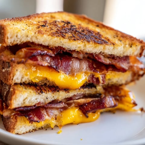 Golden-brown Crispy Bacon Cheddar Grilled Cheese, oozing with melted cheese and crispy bacon, ready to savor.