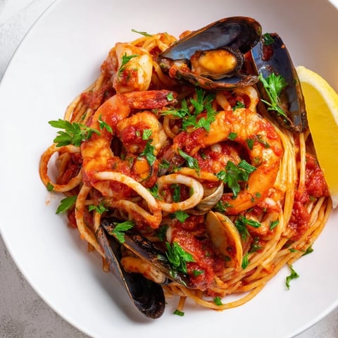Steaming seafood marinara pasta, a flavorful Italian dish with shrimp, mussels, and squid.