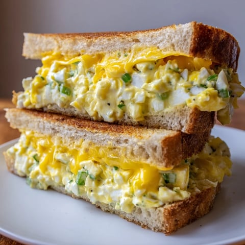 Golden, cheesy, and creamy Egg Salad Grilled Cheese, a perfectly toasted sandwich ready to be devoured.