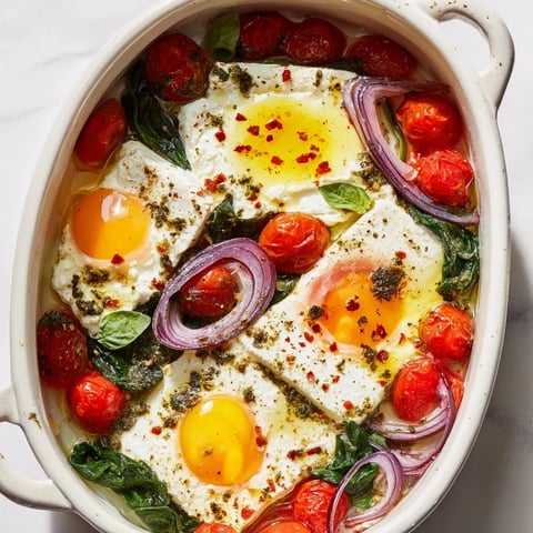Golden Baked Feta Eggs emerge from oven, studded with vibrant cherry tomatoes, ready to serve.