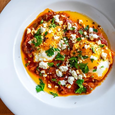 Vibrant Israeli Shakshuka Eggs, a delicious, spiced tomato sauce with perfectly poached eggs, ready to eat!