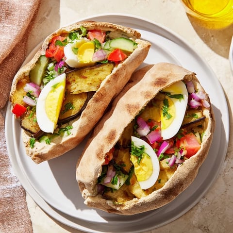 Crispy fried eggplant and creamy tahini star in this vibrant Israeli Sabich, a flavorful vegetarian treat.