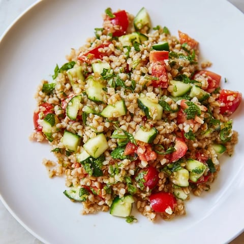 A beautiful bowl of Bulgur Wheat Salad Tabbouleh with vibrant herbs and colorful tomatoes.