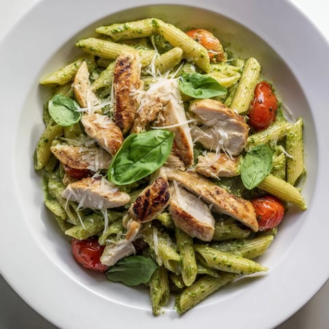 Creamy pesto chicken pasta with grilled chicken and vibrant cherry tomatoes, ready to eat.