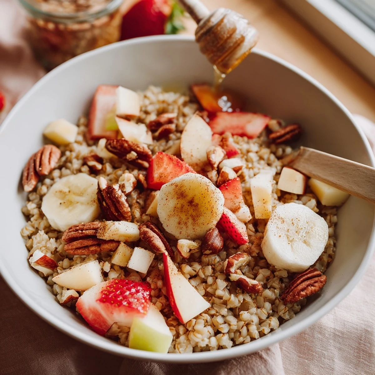 Close-up of tender buckwheat groats in a white bowl, topped with sliced almonds, fresh blueberries, and a drizzle of honey.  