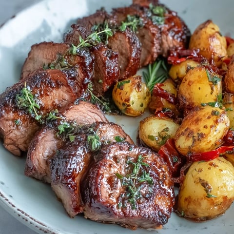 Golden-brown Ibérico pork fillet sliced beside crispy roast potatoes and sweet red peppers, garnished with fresh rosemary.