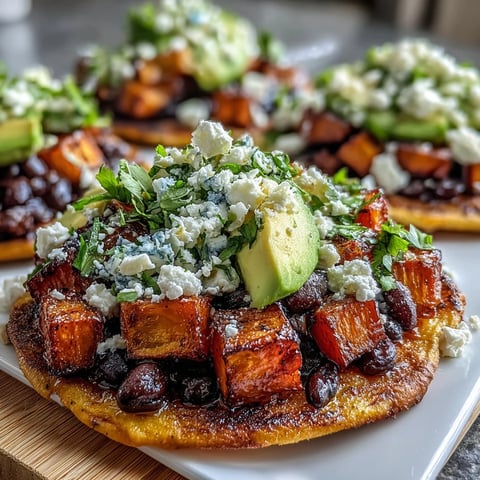 Roasted sweet potatoes and limey black beans piled high on a crispy tostada shell, topped with avocado and feta.