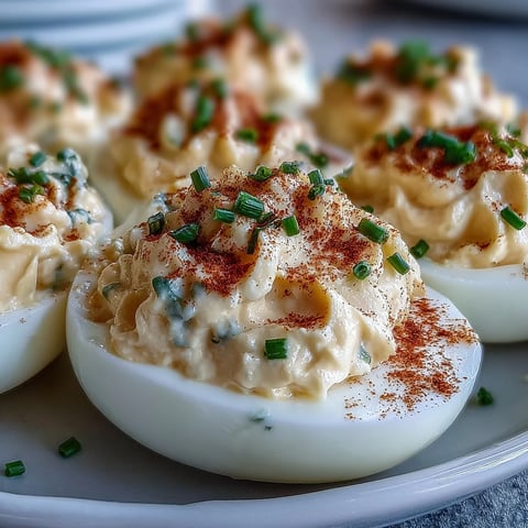 Million Dollar Deviled Eggs garnished with paprika and fresh chives on a white platter, creamy filling piped into tender halved eggs served chilled.