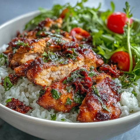 Juicy sun-dried tomato chicken with herbs, sliced over fluffy rice, fresh greens, and cherry tomatoes in a vibrant bowl.