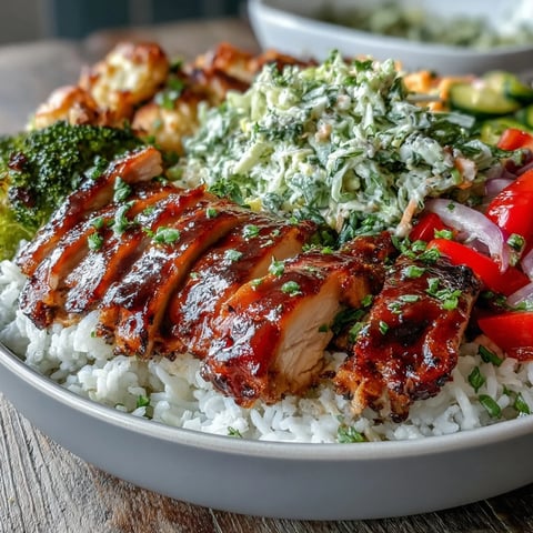 Juicy BBQ-glazed chicken slices rest atop fluffy rice with crisp coleslaw and colorful roasted vegetables in this vibrant bowl.