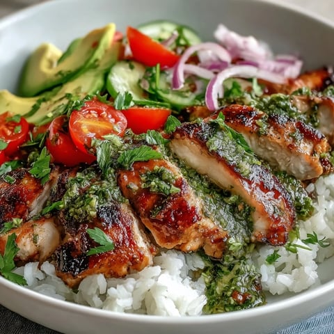 Fluffy rice topped with juicy grilled chimichurri chicken, sliced avocado, and vibrant vegetables in a colorful bowl.