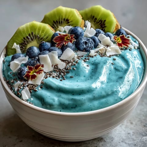 Two bowls of vibrant Whimsical Healthy Mermaid Smoothie Bowl topped with kiwi, blueberries, and dragon fruit.