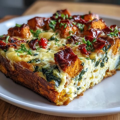 Freshly baked Easy Sweet Potato Egg Casserole with melted cheddar and golden edges from the oven.