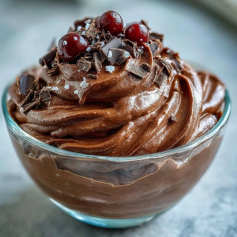 Creamy chocolate protein fluff topped with chocolate chips and a fresh berry garnish in a glass bowl.