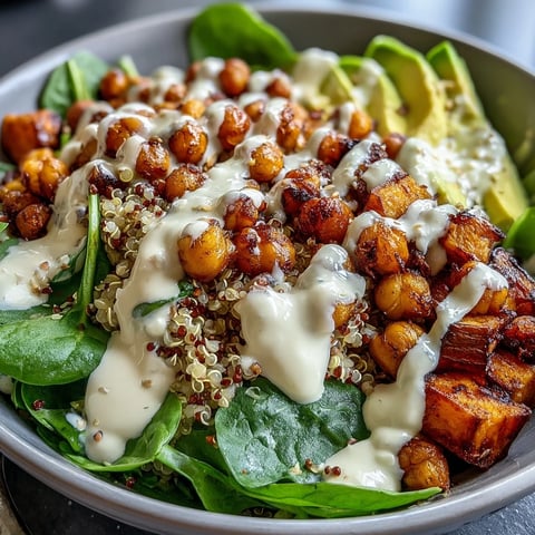 Vibrant Anti-Inflammatory Glow Bowl with tahini yogurt, featuring golden sweet potatoes, quinoa, and crispy chickpeas.
