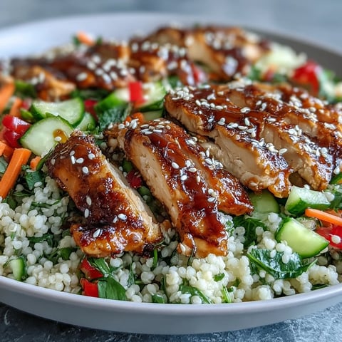 Golden-brown sliced chicken rests over pearl couscous and crisp veggies in a vibrant Sesame Ginger Chicken Couscous Bowl.