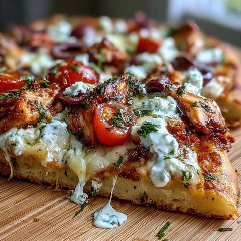 Golden-brown naan crust topped with lemon-marinated chicken, feta, Kalamata olives, cherry tomatoes, and red onion, finished with a cool tzatziki drizzle.