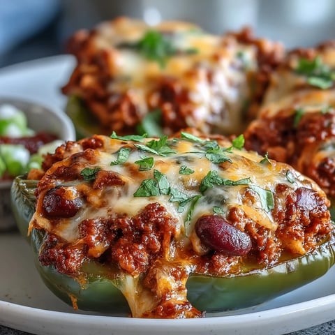 Golden-brown baked chili mac stuffed peppers with bubbling cheddar cheese in a casserole dish.