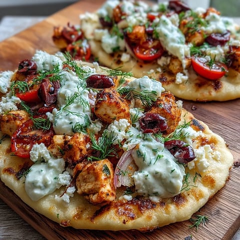 Freshly baked Lemon Feta Chicken Naan Pizza showcases golden melted cheese, sliced Kalamata olives, and tender chicken pieces on a rustic naan crust.