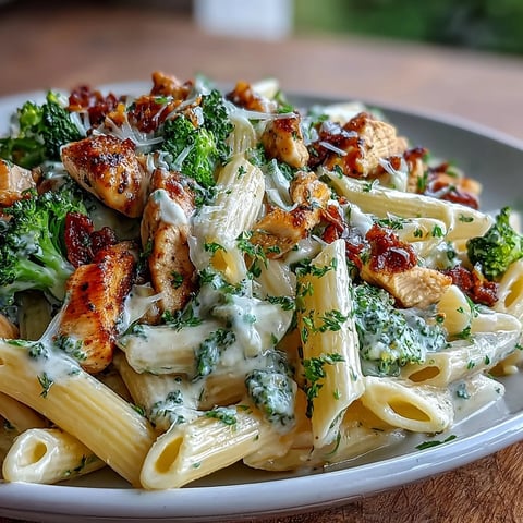 Creamy Garlic Parmesan Broccoli & Chicken Pasta in a skillet with fresh parsley garnish.
