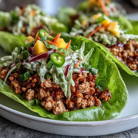Skinny Spicy Turkey Lettuce Tacos with Mango Slaw are filled with seasoned ground turkey and vibrant mango slaw in crisp lettuce cups.