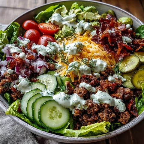 Freshly cooked ground beef and crispy bacon crumble over crisp romaine for this Keto Bacon Cheeseburger Salad.