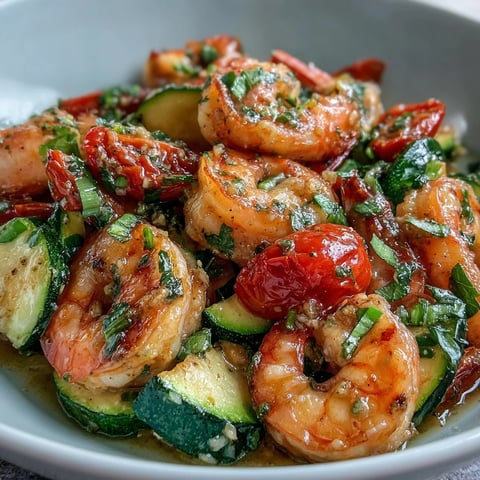 Golden-brown shrimp, roasted zucchini, and blistered cherry tomatoes sizzling in a lemon butter sauce in a cast-iron skillet.