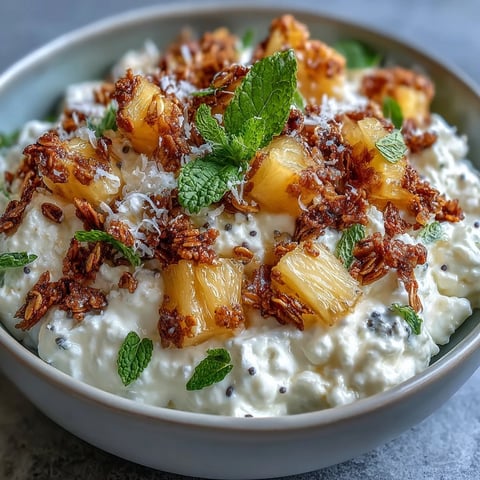 Freshly diced pineapple and crunchy granola topping a creamy cottage cheese breakfast bowl, garnished with mint.
