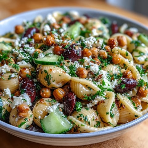 Mediterranean Chickpea Pasta Salad with Cucumber and Olives: A vibrant bowl of al dente pasta tossed with chickpeas, crisp cucumber, juicy tomatoes, briny olives, and tangy feta in a zesty lemon-herb dressing.  
