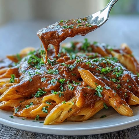Creamy roasted red pepper pasta with lentils in a dairy-free sauce, garnished with fresh basil and vegan parmesan.
